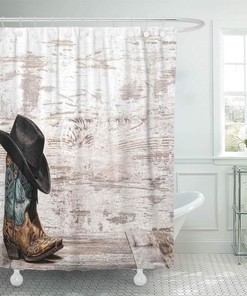 Western Traditional Rodeo Cowboy Hat and Cowgirl Boots Home Bathroom Decor Fabric Waterproof Shower Curtain