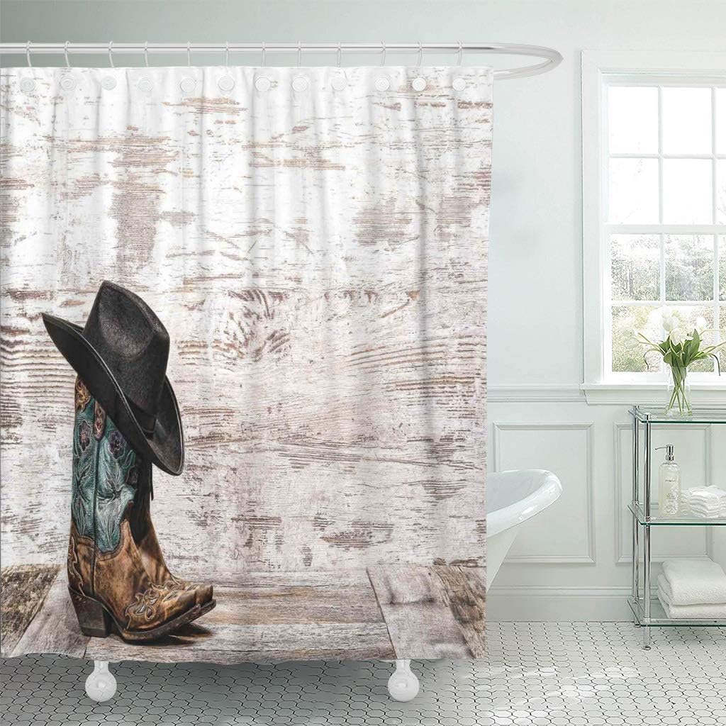 Western Traditional Rodeo Cowboy Hat and Cowgirl Boots Home Bathroom Decor Fabric Waterproof Shower Curtain