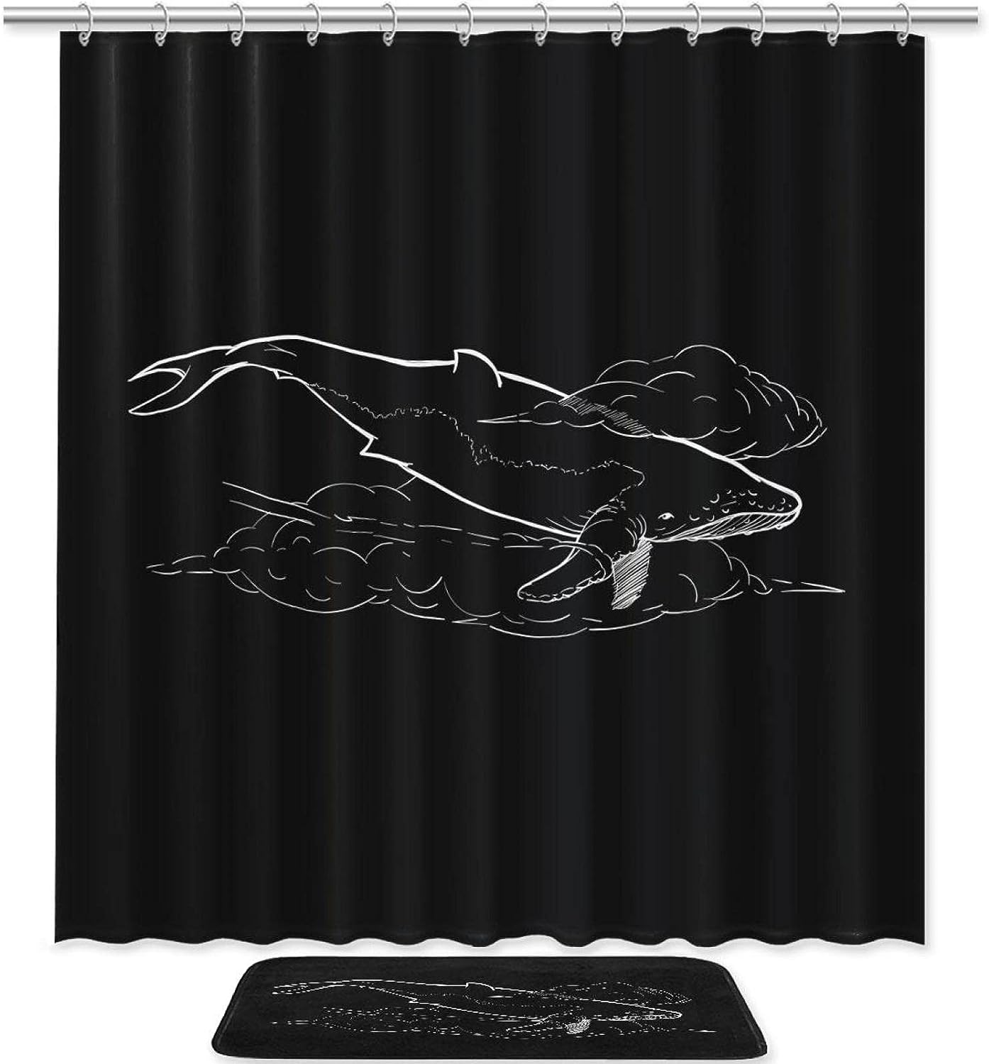 Whale Shower Curtain in Black and Waterproof Fabric | Bathroom Decor