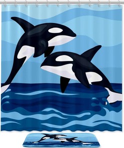 Whales Sea Blue Bathroom Shower Curtain Accessories for Women Men - Waterproof Fabric