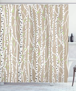 Whimsical Birch Tree Shower Curtain, Fresh Foliage Nature Print Bathroom Decor, Tan Pale Green Black