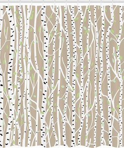 Whimsical Birch Tree Shower Curtain, Fresh Foliage Nature Print Bathroom Decor, Tan Pale Green Black