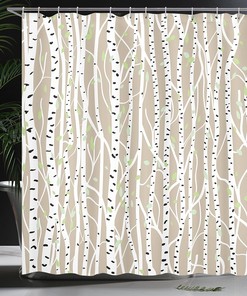 Whimsical Birch Tree Shower Curtain, Fresh Foliage Nature Print Bathroom Decor, Tan Pale Green Black