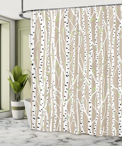 Whimsical Birch Tree Shower Curtain, Fresh Foliage Nature Print Bathroom Decor, Tan Pale Green Black