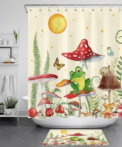 Whimsical Boho Plant and Mushroom Shower Curtain for Fun Bathroom Decor