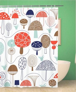 Whimsical Mushrooms Doodle Forest Pattern Abstract Shower Curtain, Waterproof Fabric, Home and Bathroom Decor