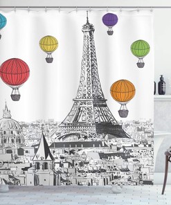 White Charcoal Grey Paris Shower Curtain, Greyscale Eiffel Tower and Notre Dame Building with Rainbow Balloons, Bathroom Decor 
