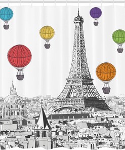 White Charcoal Grey Paris Shower Curtain, Greyscale Eiffel Tower and Notre Dame Building with Rainbow Balloons, Bathroom Decor