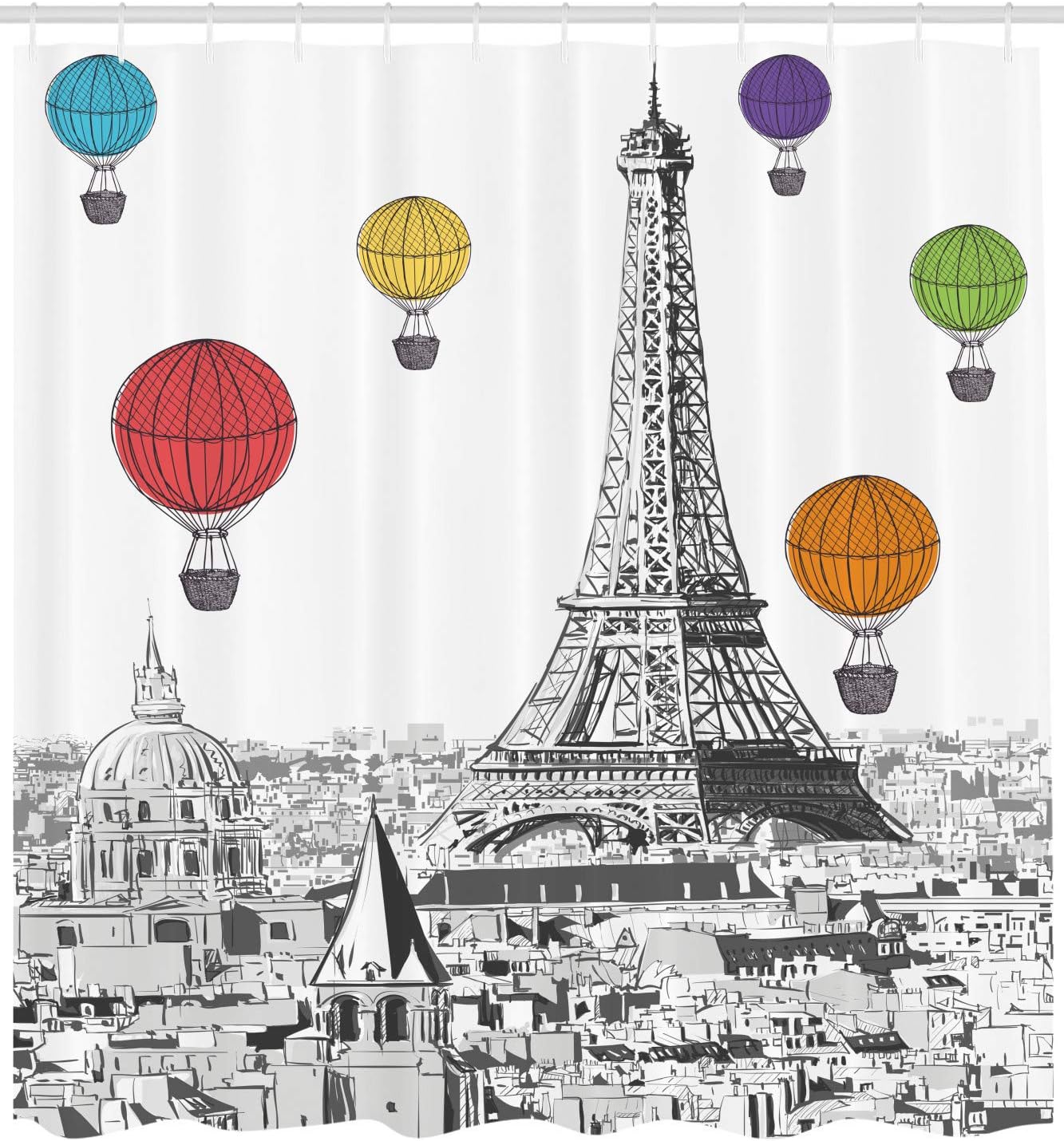 White Charcoal Grey Paris Shower Curtain, Greyscale Eiffel Tower and Notre Dame Building with Rainbow Balloons, Bathroom Decor