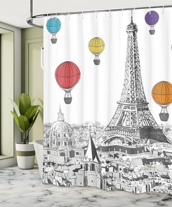 White Charcoal Grey Paris Shower Curtain, Greyscale Eiffel Tower and Notre Dame Building with Rainbow Balloons, Bathroom Decor