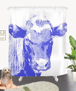 White Cow Shower Curtain, Blue Design, Animal Curtain, Bathroom Accessories