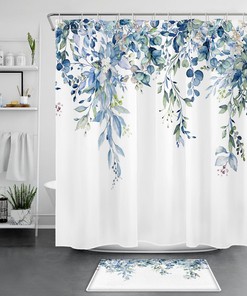 White Floral Shower Curtain, Blue and Green Botanical Design