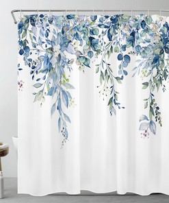 White Floral Shower Curtain, Blue and Green Botanical Design