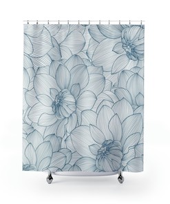 White Floral Shower Curtain, Blue and White Design