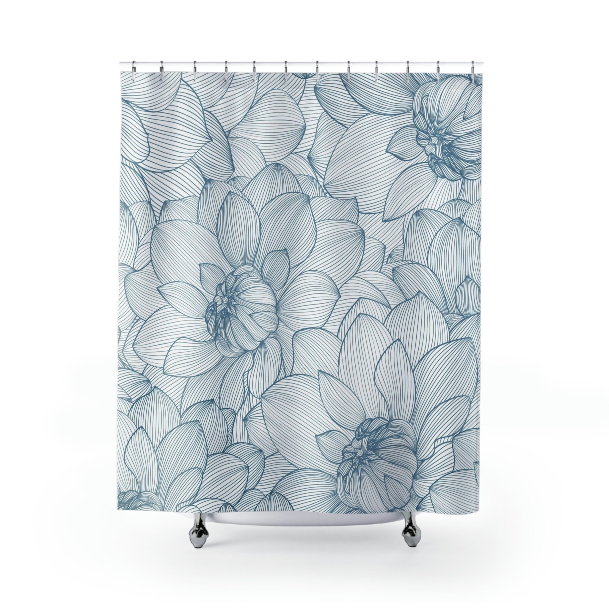 White Floral Shower Curtain, Blue and White Design