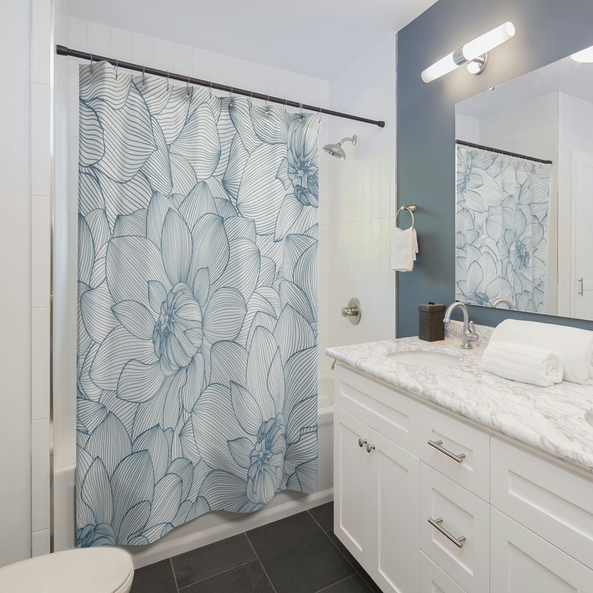 White Floral Shower Curtain, Blue and White Design