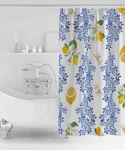 White Flowers Comic Lemon and Blue Leaves Fabric Waterproof Stall Shower Curtain by ArneCase for a Chic Bathroom Look