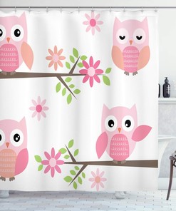 White Green Pink Owl Shower Curtain, Owls Waving in the Floral Tree Springtime Girly Design, Bathroom Decor Bathroom Curtain 