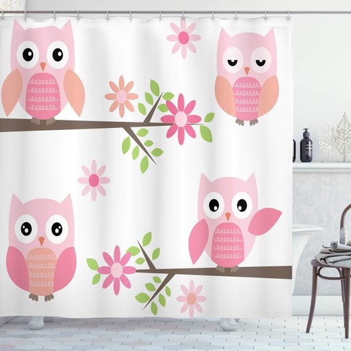 White Green Pink Owl Shower Curtain, Owls Waving in the Floral Tree Springtime Girly Design, Bathroom Decor Bathroom Curtain