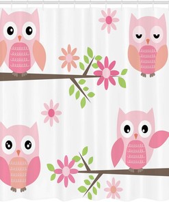 White Green Pink Owl Shower Curtain, Owls Waving in the Floral Tree Springtime Girly Design, Bathroom Decor Bathroom Curtain