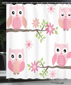 White Green Pink Owl Shower Curtain, Owls Waving in the Floral Tree Springtime Girly Design, Bathroom Decor Bathroom Curtain