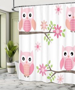 White Green Pink Owl Shower Curtain, Owls Waving in the Floral Tree Springtime Girly Design, Bathroom Decor Bathroom Curtain