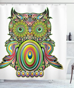 White Multicolor Owl Shower Curtain, Ornate Colorful Eye Feather Universe Art, Bathroom Decor Bathroom Curtain 