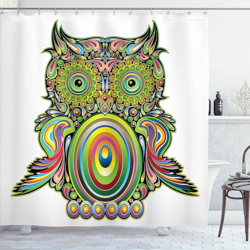 White Multicolor Owl Shower Curtain, Ornate Colorful Eye Feather Universe Art, Bathroom Decor Bathroom Curtain