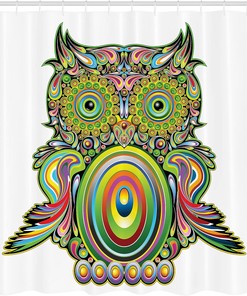 White Multicolor Owl Shower Curtain, Ornate Colorful Eye Feather Universe Art, Bathroom Decor Bathroom Curtain