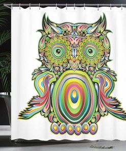 White Multicolor Owl Shower Curtain, Ornate Colorful Eye Feather Universe Art, Bathroom Decor Bathroom Curtain 