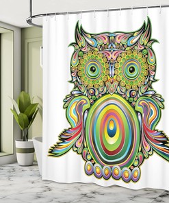 White Multicolor Owl Shower Curtain, Ornate Colorful Eye Feather Universe Art, Bathroom Decor Bathroom Curtain 