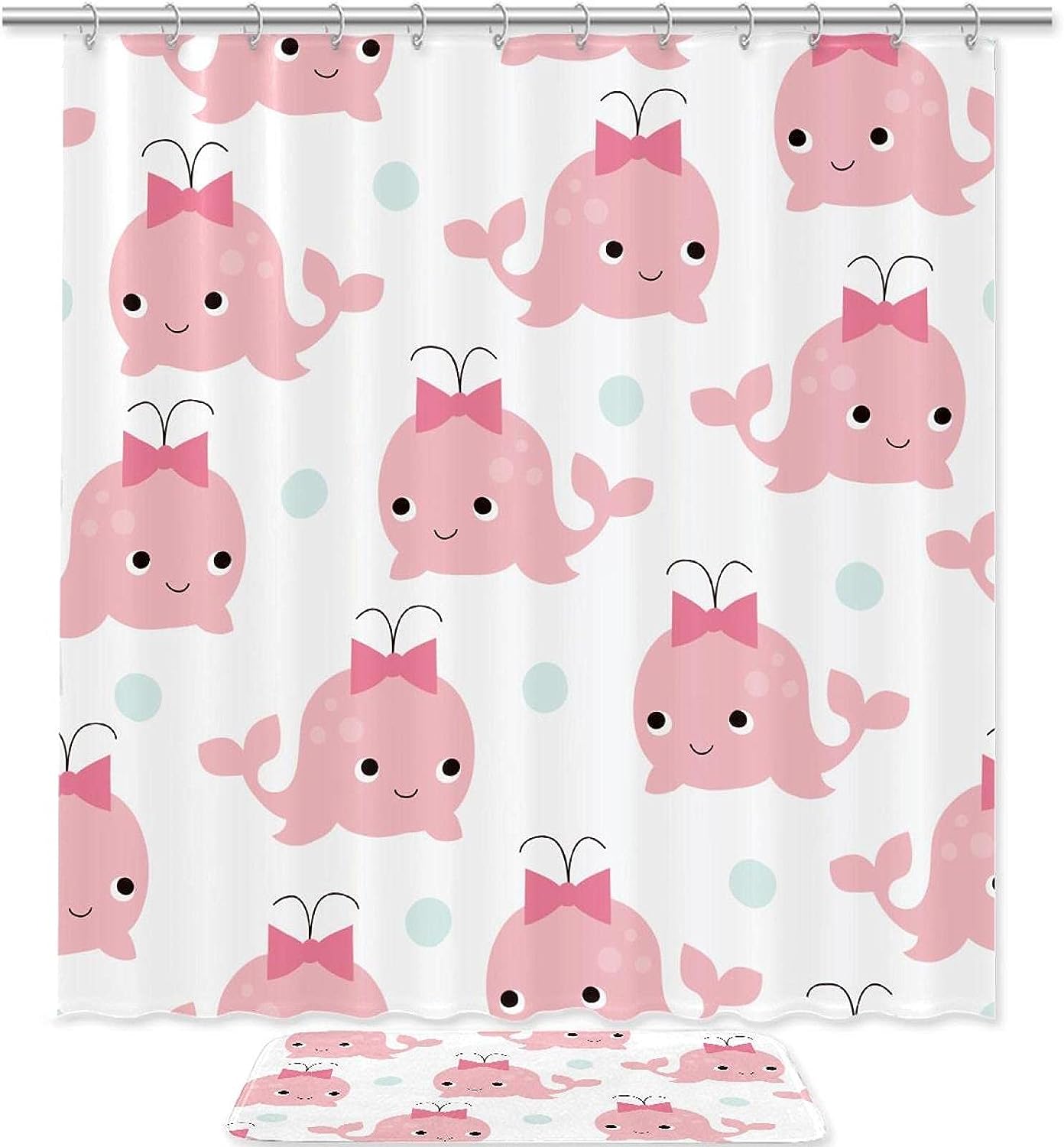 White Whale Shower Curtain with Microfiber Accents - Sea Themed Bathroom Decor