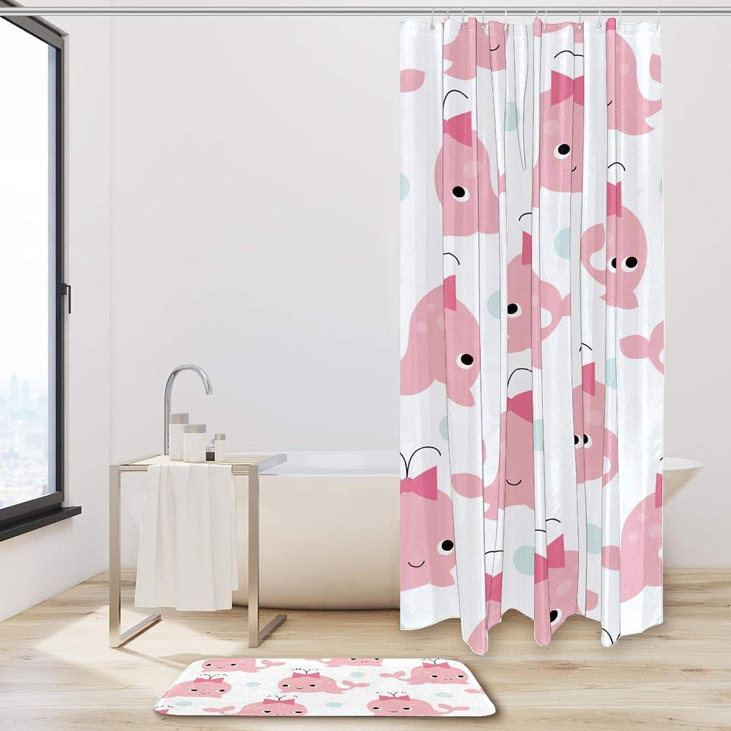 White Whale Shower Curtain with Microfiber Accents - Sea Themed Bathroom Decor