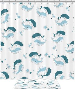 White Whales Shower Curtain with Microfiber Accents - Sea Themed Bathroom Decor
