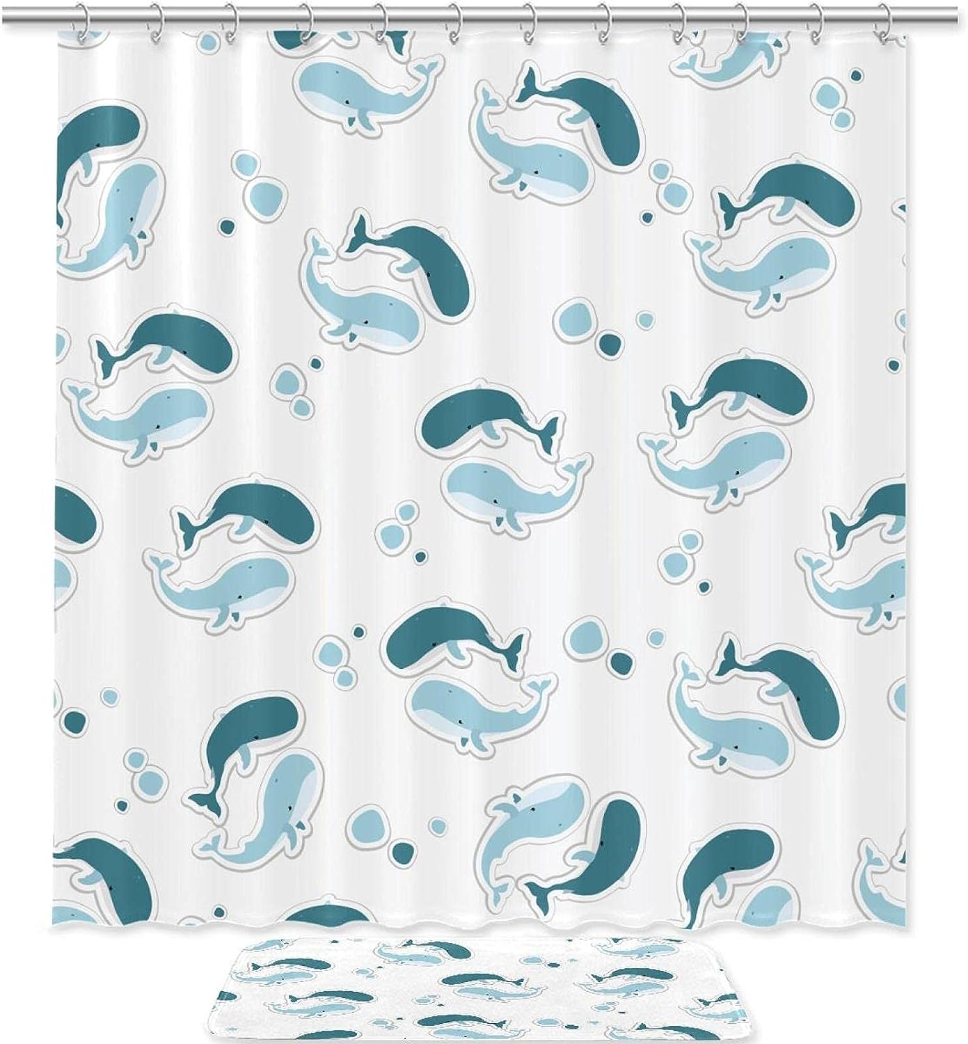 White Whales Shower Curtain with Microfiber Accents - Sea Themed Bathroom Decor