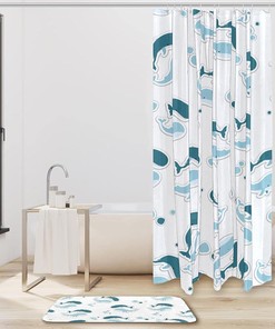 White Whales Shower Curtain with Microfiber Accents - Sea Themed Bathroom Decor