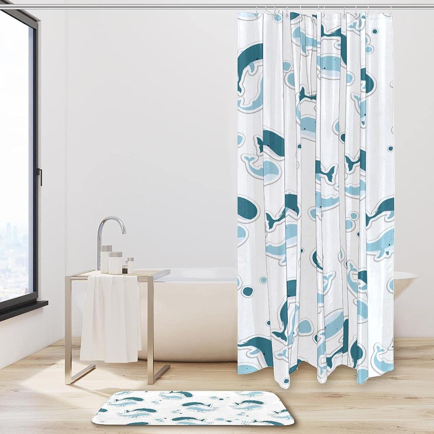 White Whales Shower Curtain with Microfiber Accents - Sea Themed Bathroom Decor