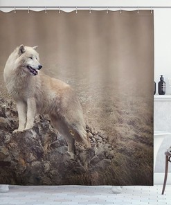 White Wolf on Rocks Shower Curtain, Misty Wildlife Nature Scenery Cloth Bathroom Decor in Warm Taupe
