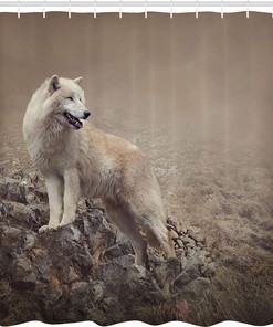 White Wolf on Rocks Shower Curtain, Misty Wildlife Nature Scenery Cloth Bathroom Decor in Warm Taupe