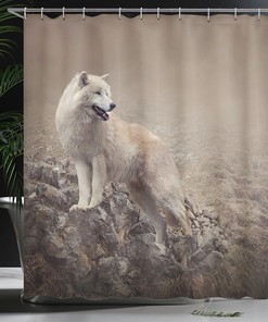 White Wolf on Rocks Shower Curtain, Misty Wildlife Nature Scenery Cloth Bathroom Decor in Warm Taupe