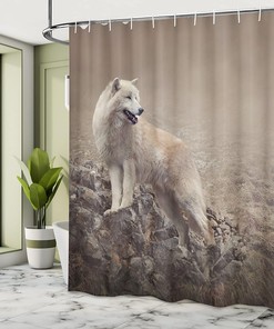 White Wolf on Rocks Shower Curtain, Misty Wildlife Nature Scenery Cloth Bathroom Decor in Warm Taupe