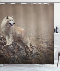 White Wolf on the Rocks Shower Curtain for Bathroom Decor - Animal Print