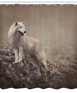 White Wolf on the Rocks Shower Curtain for Bathroom Decor - Animal Print