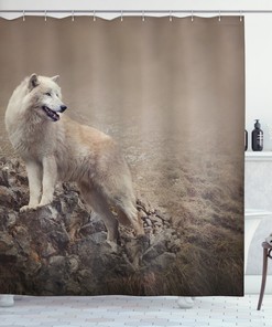 White Wolf on the Rocks Shower Curtain for Bathroom Decor - Animal Print