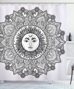 White and Black Mandala Shower Curtain with Bohemian Sun Illustration for a Zen Bathroom Decor