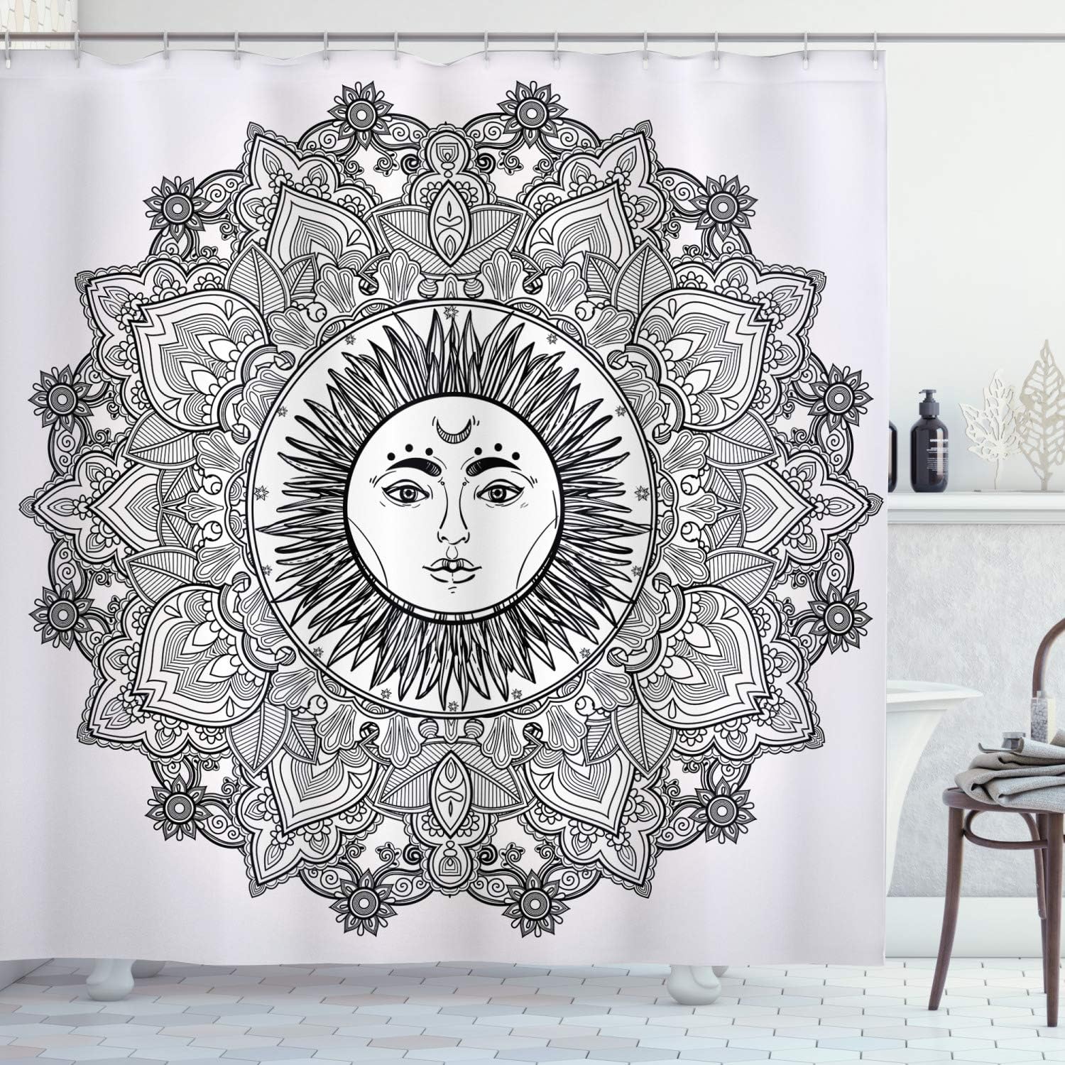 White and Black Mandala Shower Curtain with Bohemian Sun Illustration for a Zen Bathroom Decor