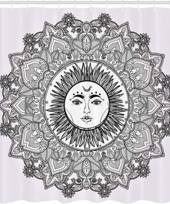 White and Black Mandala Shower Curtain with Bohemian Sun Illustration for a Zen Bathroom Decor