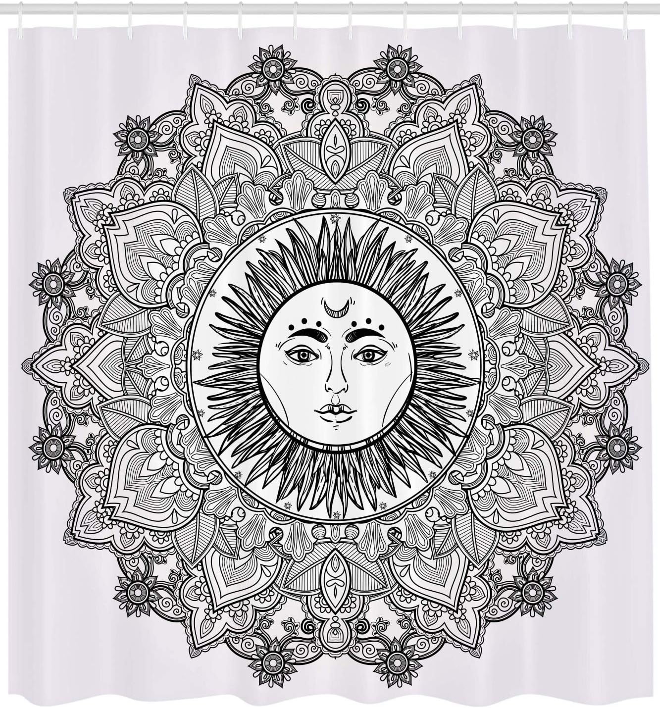 White and Black Mandala Shower Curtain with Bohemian Sun Illustration for a Zen Bathroom Decor