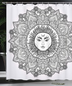 White and Black Mandala Shower Curtain with Bohemian Sun Illustration for a Zen Bathroom Decor