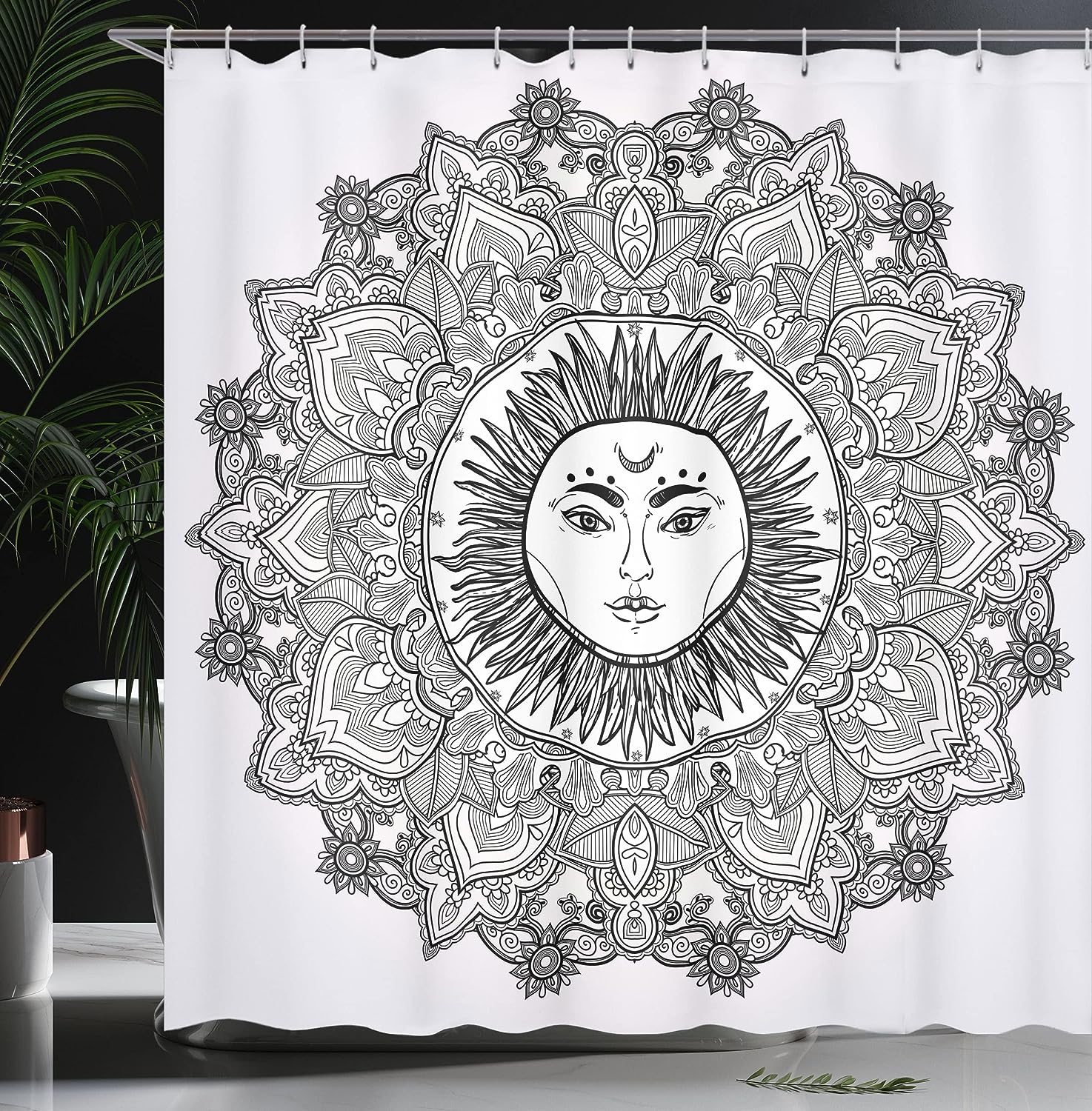 White and Black Mandala Shower Curtain with Bohemian Sun Illustration for a Zen Bathroom Decor